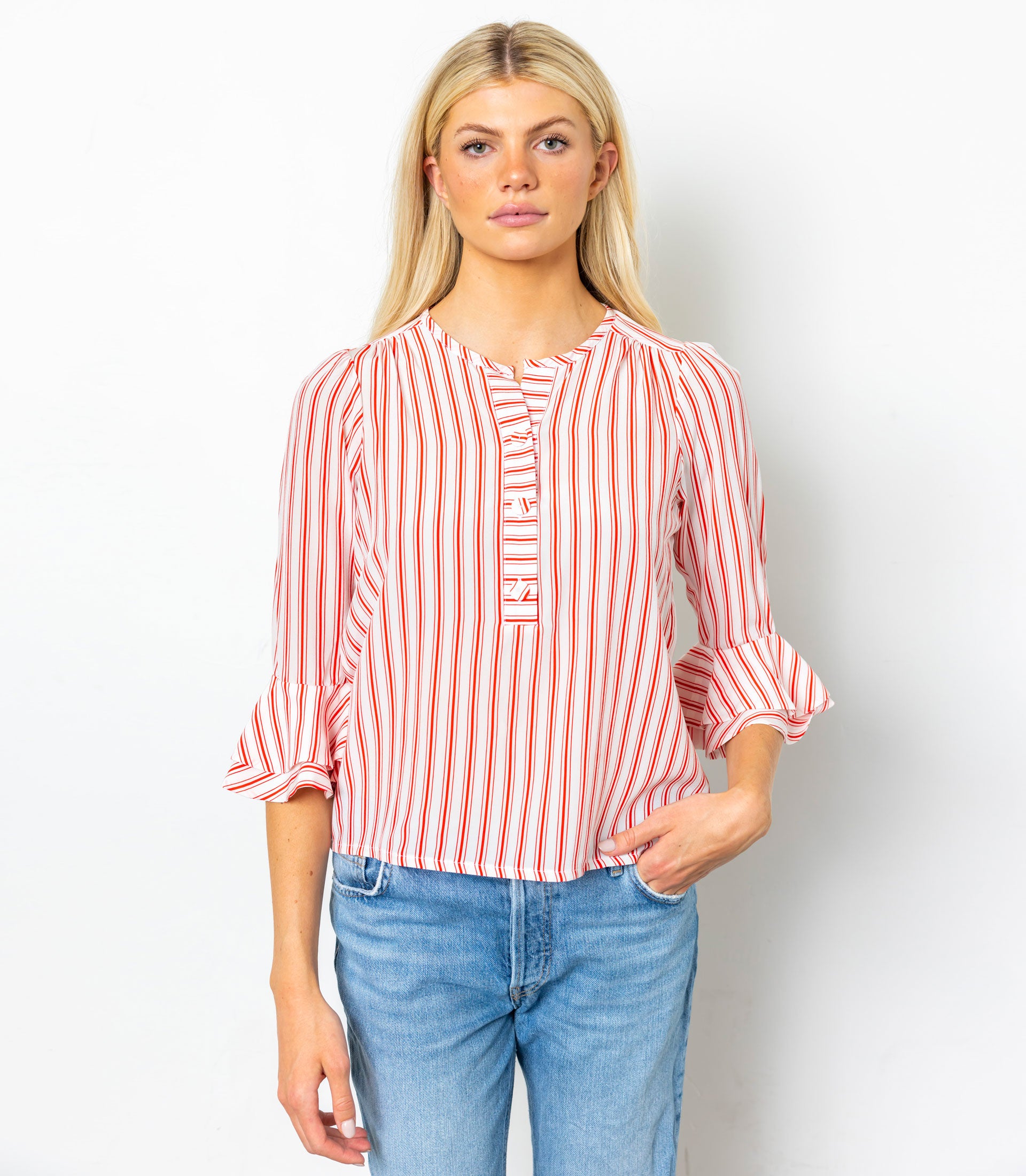 WREN SHORT BLOUSE - Stripe Printed Silk