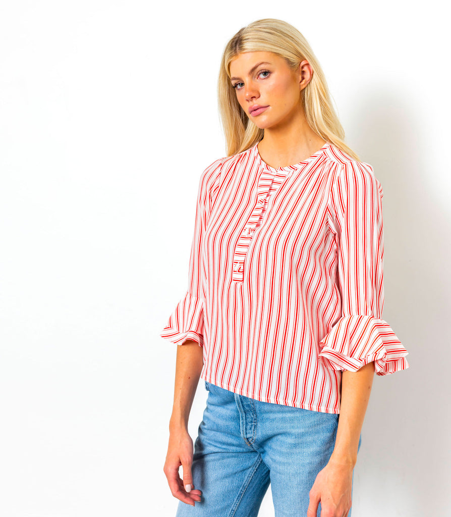 WREN SHORT BLOUSE - Stripe Printed Silk