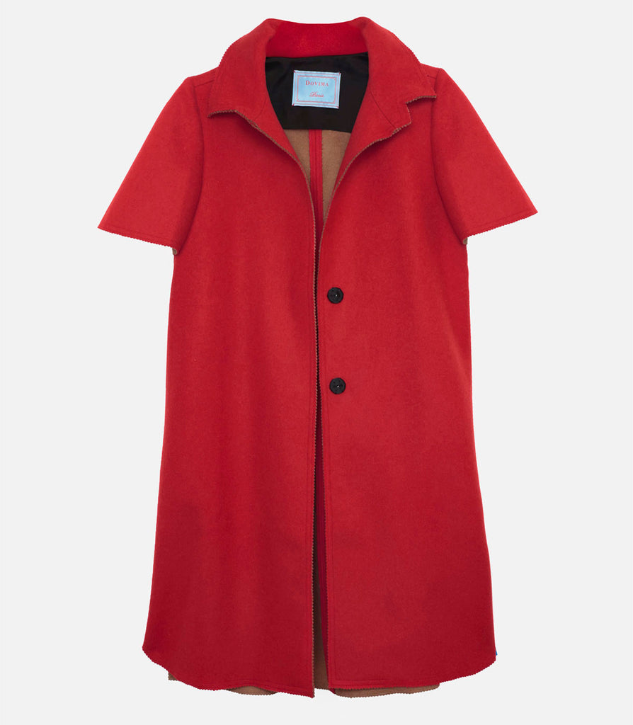 PERKIN DOUBLE FACE WOOL CASHMERE-MIX SLIM CUT CAPELET SLEEVE POP-OVER - Red/Camel