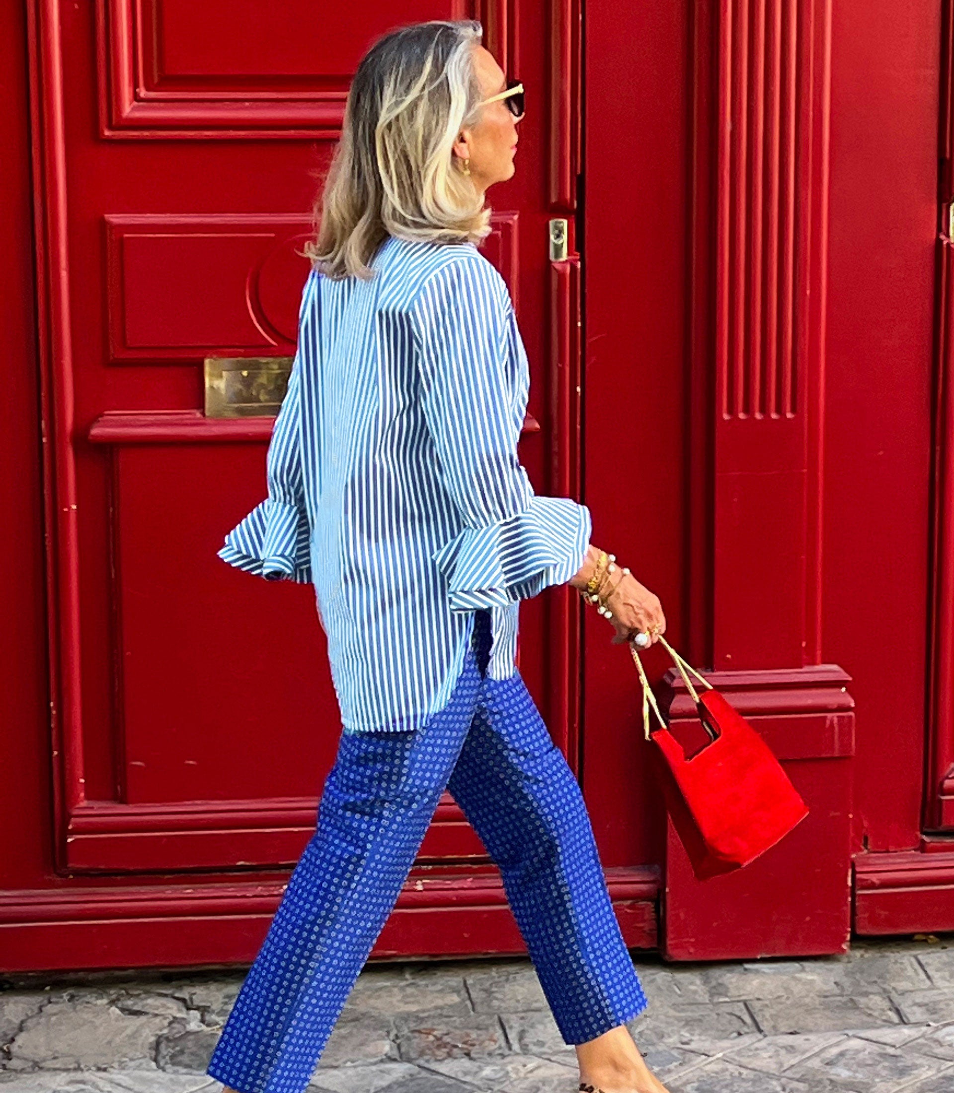 AERIN BLOUSE - MID-BLUE WHITE OWEN STRIPE FINEST COTTON POPLIN