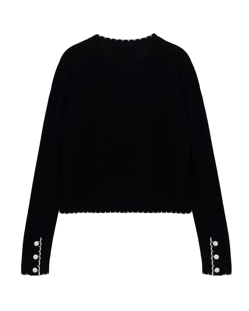 SPENCER SCALLOP EDGE ROUND-NECK LONG SLEEVE FITTED CARDIGAN - Black