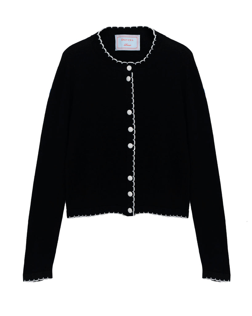 SPENCER SCALLOP EDGE ROUND-NECK LONG SLEEVE FITTED CARDIGAN - Black