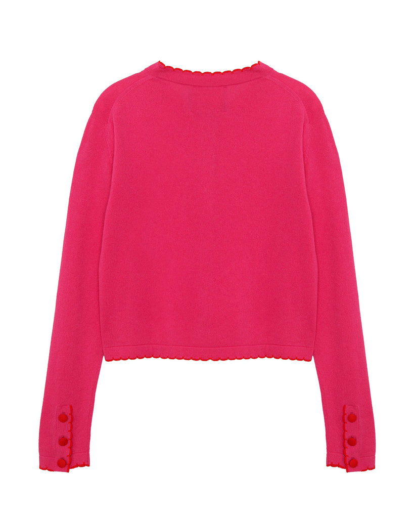 SPENCER SCALLOP EDGE ROUND-NECK LONG SLEEVE FITTED CARDIGAN - Pink
